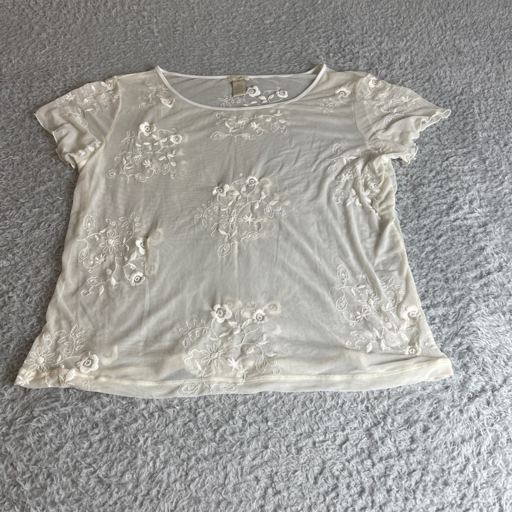 J. Jill Ivory Floral Embroidered Sheer Mesh Short Sleeve Top XL Cream Hem